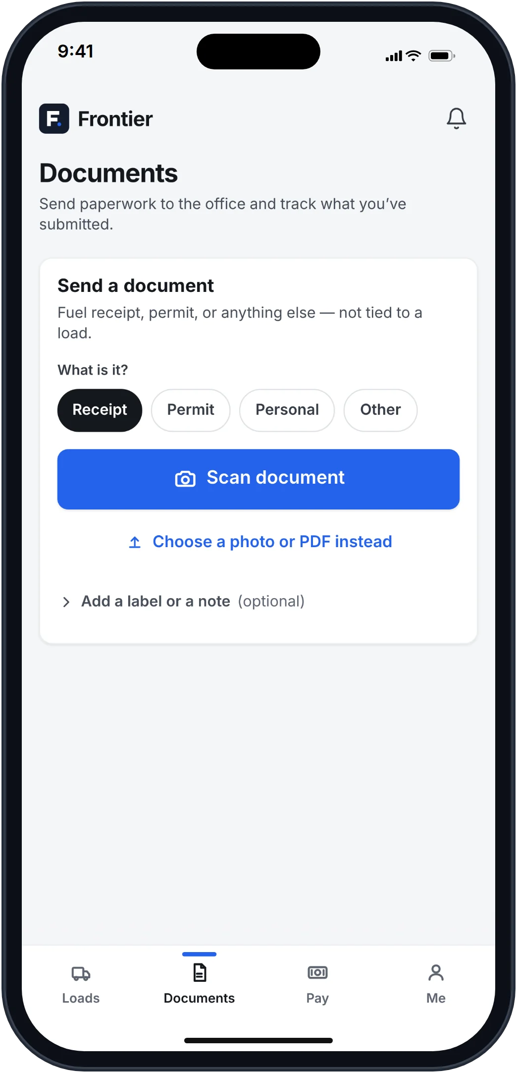 Frontier driver app Documents screen with a Scan document button for receipts, permits, and paperwork.