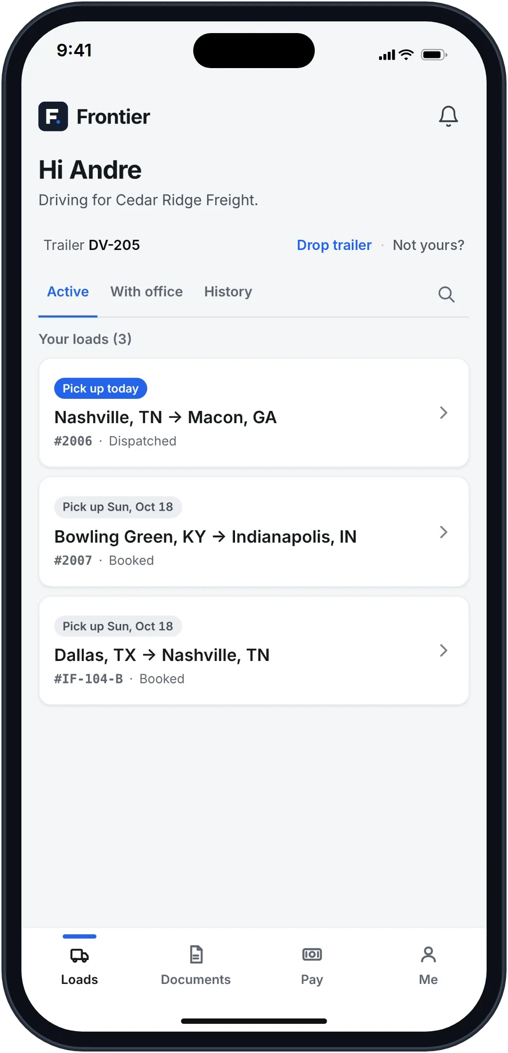 Frontier driver app Loads screen: the trailer on hand, a delivered load that still needs its BOL and POD, and the loads coming up.