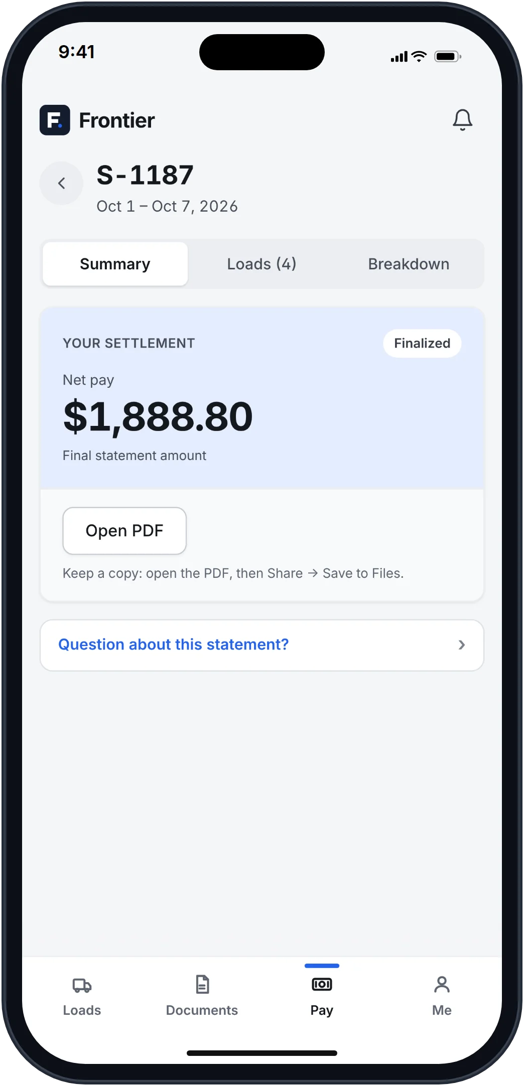 Frontier driver app settlement screen showing net pay for the period with Summary, Loads, and Breakdown tabs.