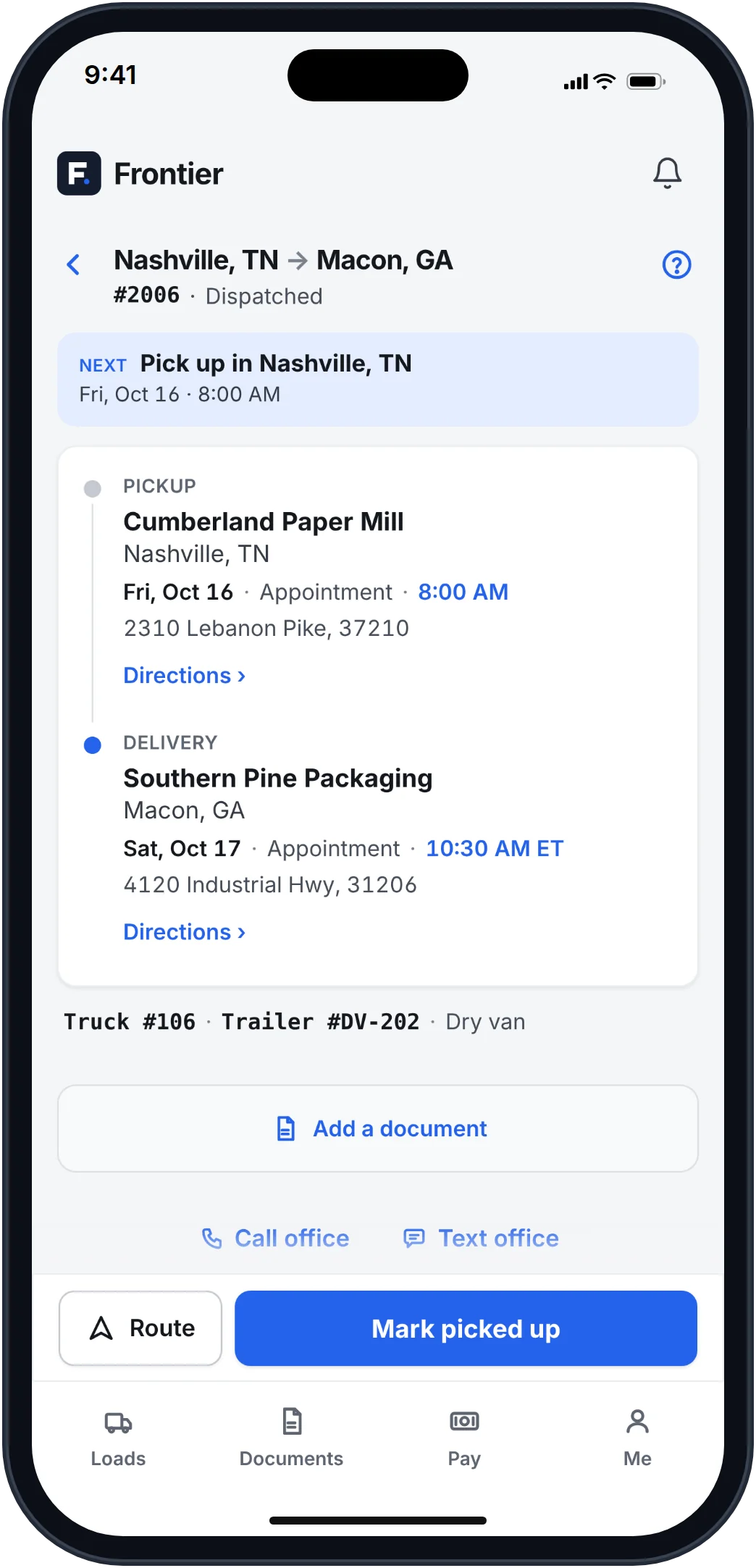 Frontier driver app load screen with pickup and delivery appointments, directions, and a Mark picked up button.