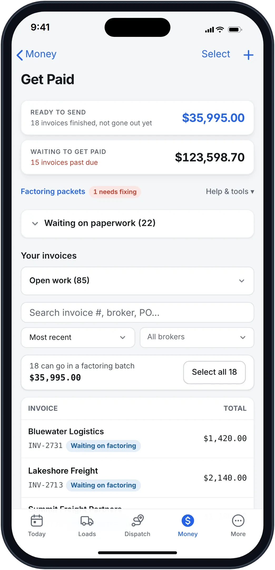 Frontier office app Get Paid screen with invoices ready to send, waiting to get paid, and factoring packets.