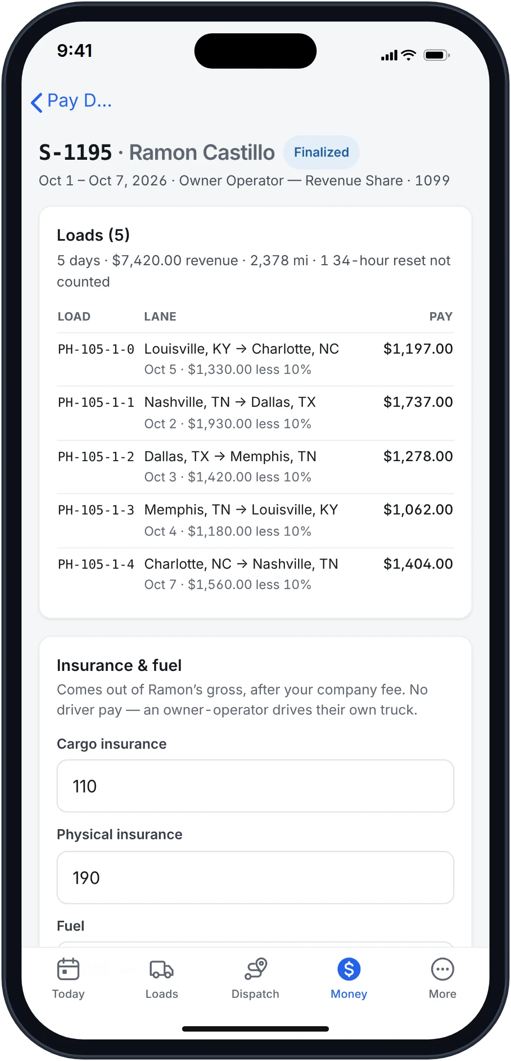 Frontier office app driver settlement with loads, pay per load, insurance and fuel, and additions and deductions.
