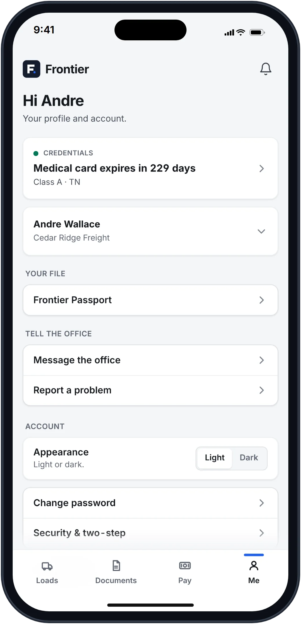 Frontier driver app Me screen showing medical card expiration, the Frontier Passport file, and account settings.